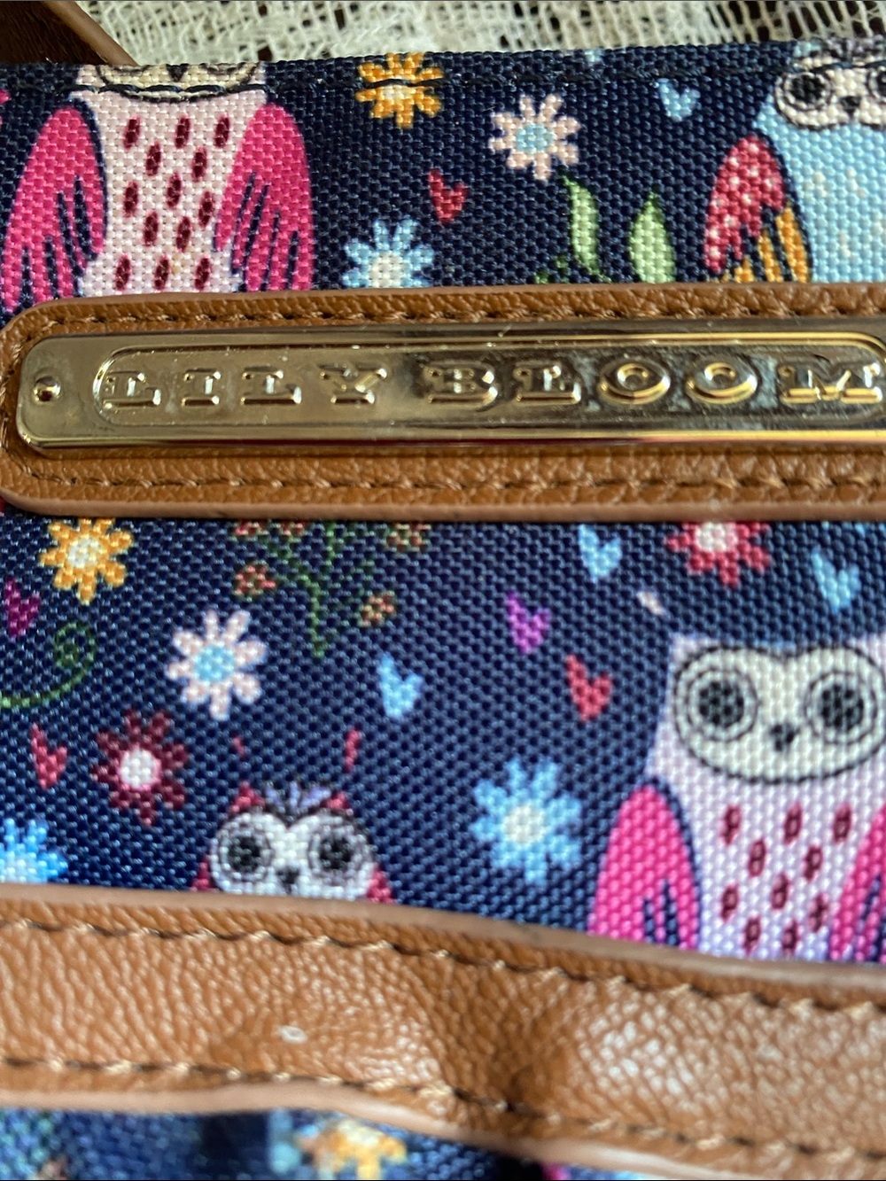 Lily Bloom Navy Owl Print Shoulder Bag with Brown Trim - Picture 6 of 6